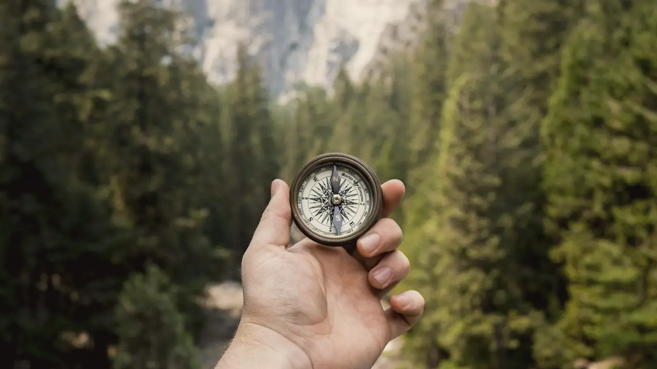 Kompas in een hand in het bos